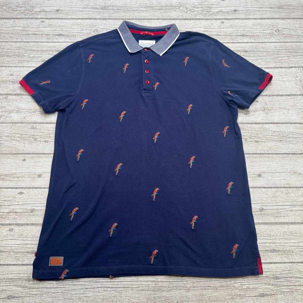 A Fish Named Fred Polo Shirt Men's XL Navy Blue Parrot Embroidered Short Sleeve